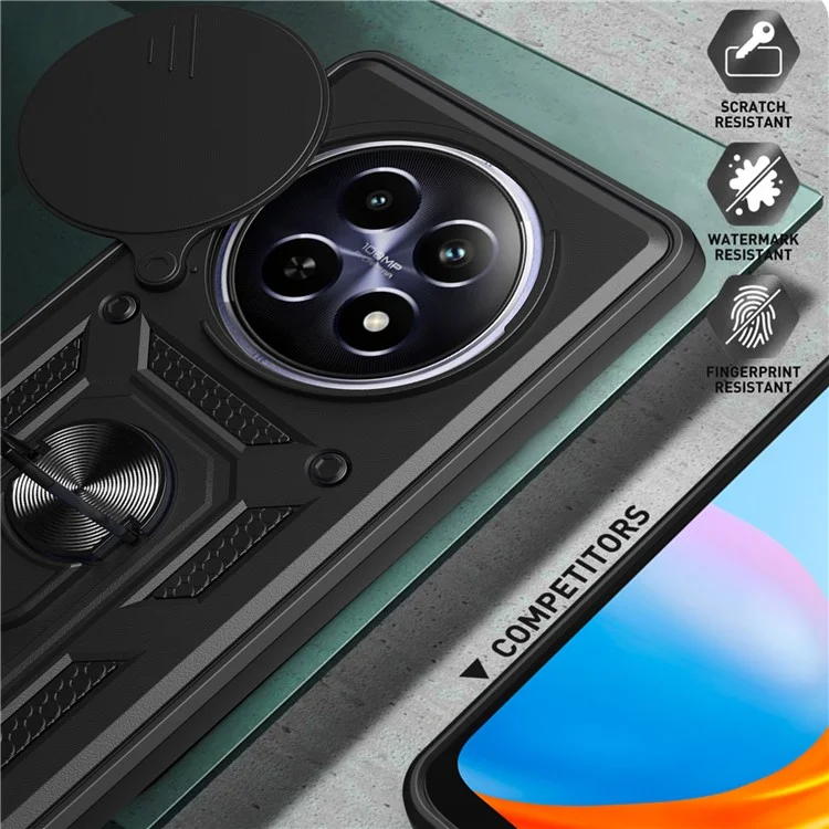 For Realme 12 5G Camera Protection Case PC+TPU Military Grade Finger Ring Kickstand Phone Cover - Black