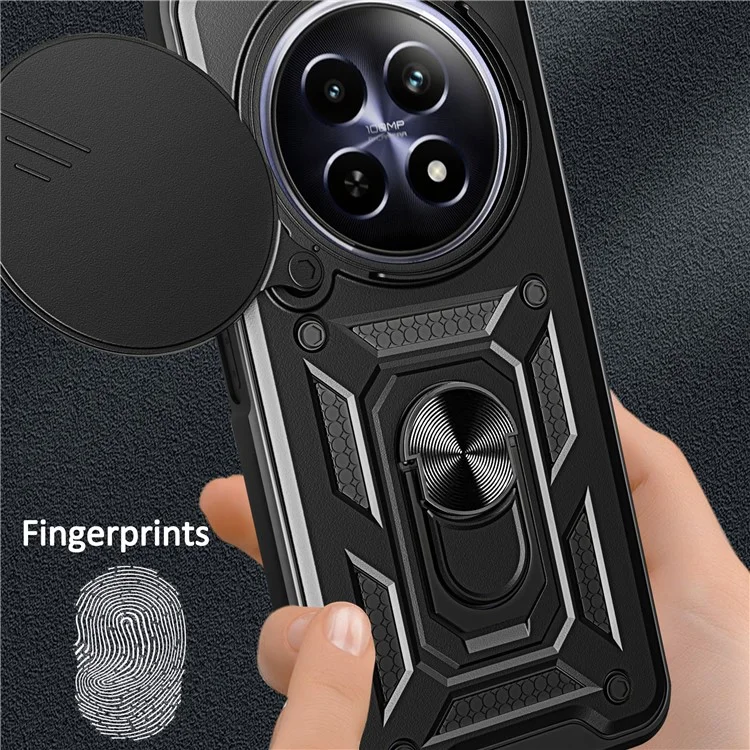 For Realme 12 5G Camera Protection Case PC+TPU Military Grade Finger Ring Kickstand Phone Cover - Black