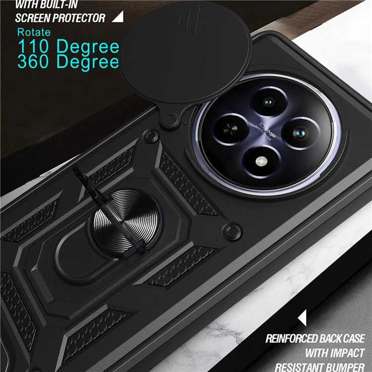 For Realme 12 5G Camera Protection Case PC+TPU Military Grade Finger Ring Kickstand Phone Cover - Black