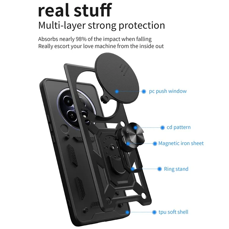 For Realme 12 5G Camera Protection Case PC+TPU Military Grade Finger Ring Kickstand Phone Cover - Black