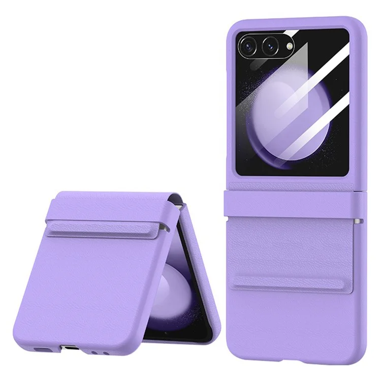 Para Samsung Galaxy Z Flip5 5G Retractable Hinge PU Leather Coated PC Phone Case with Rear Screen Film - Purple