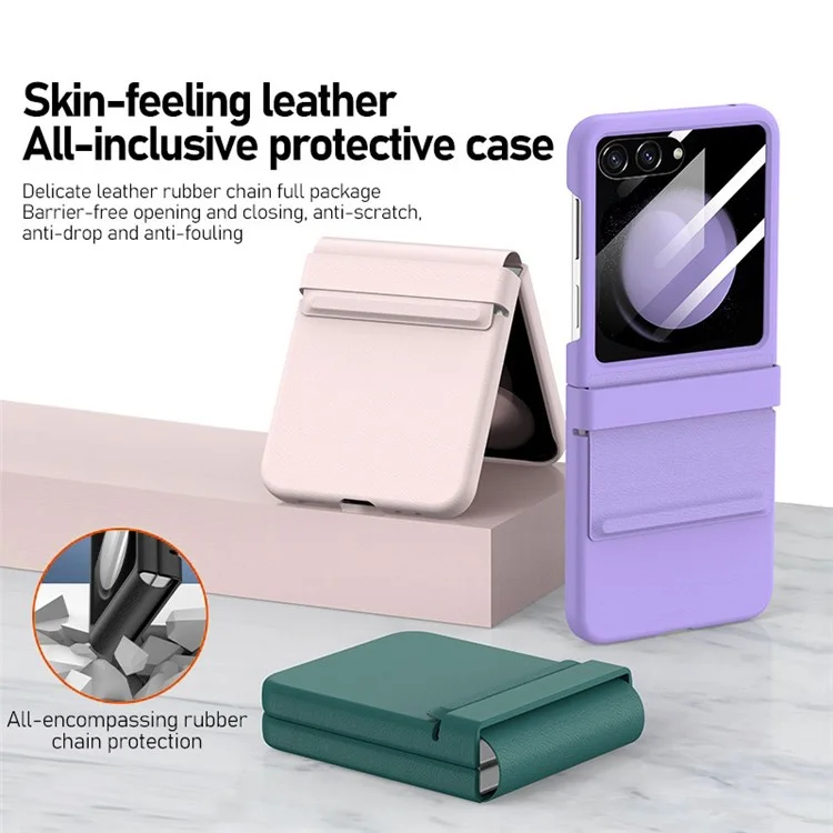 Para Samsung Galaxy Z Flip5 5G Retractable Hinge PU Leather Coated PC Phone Case with Rear Screen Film - Purple
