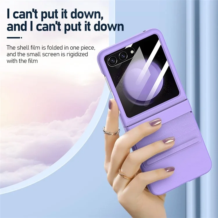 Para Samsung Galaxy Z Flip5 5G Retractable Hinge PU Leather Coated PC Phone Case with Rear Screen Film - Purple