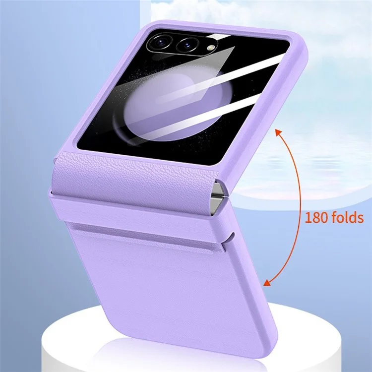 Para Samsung Galaxy Z Flip5 5G Retractable Hinge PU Leather Coated PC Phone Case with Rear Screen Film - Purple