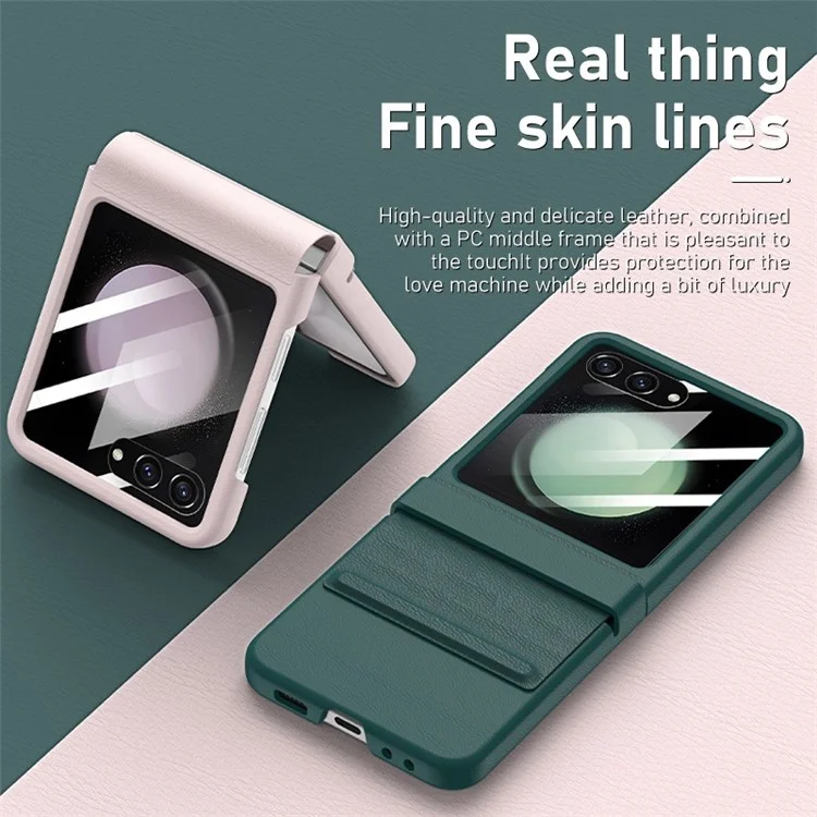 Para Samsung Galaxy Z Flip5 5G Retractable Hinge PU Leather Coated PC Phone Case with Rear Screen Film - Purple