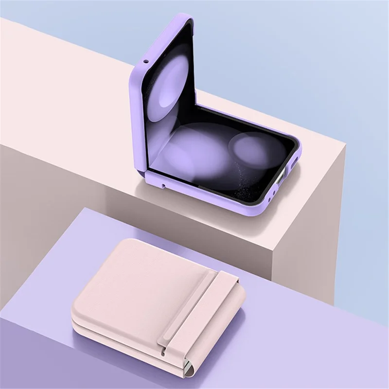 For Samsung Galaxy Z Flip5 5G Retractable Hinge PU Leather Coated PC Phone Case with Rear Screen Film - Midnight Green