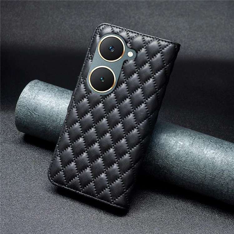 BINFEN COLOR BF Style-14 für vivo Y03 Wallet Case Rhombus Gitter PU Leder Handyhülle - Schwarz