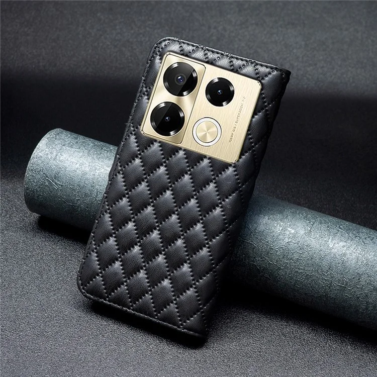 BINFEN COLOR BF Style-14 per Infinix Note 40 Pro 4G / 5G / 40 Pro+ Custodia Portafoglio per Telefono Griglia a Rombo in Pelle PU - Nero