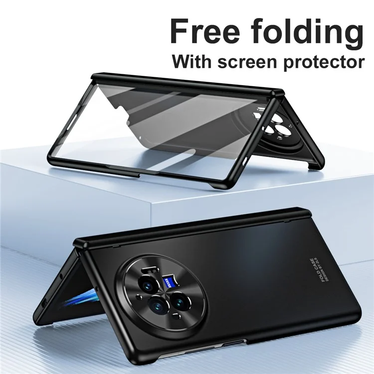 Für vivo X Fold3 Case mit gehärteter Glasschutzfolie PU-Leder beschichtete PC-Handyhülle - Schwarz