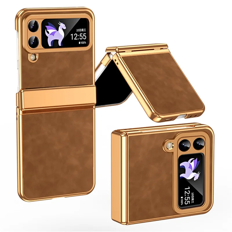 For Samsung Galaxy Z Flip3 5G Case Hinge Protection Leather Coated PC Folding Phone Cover - Brown