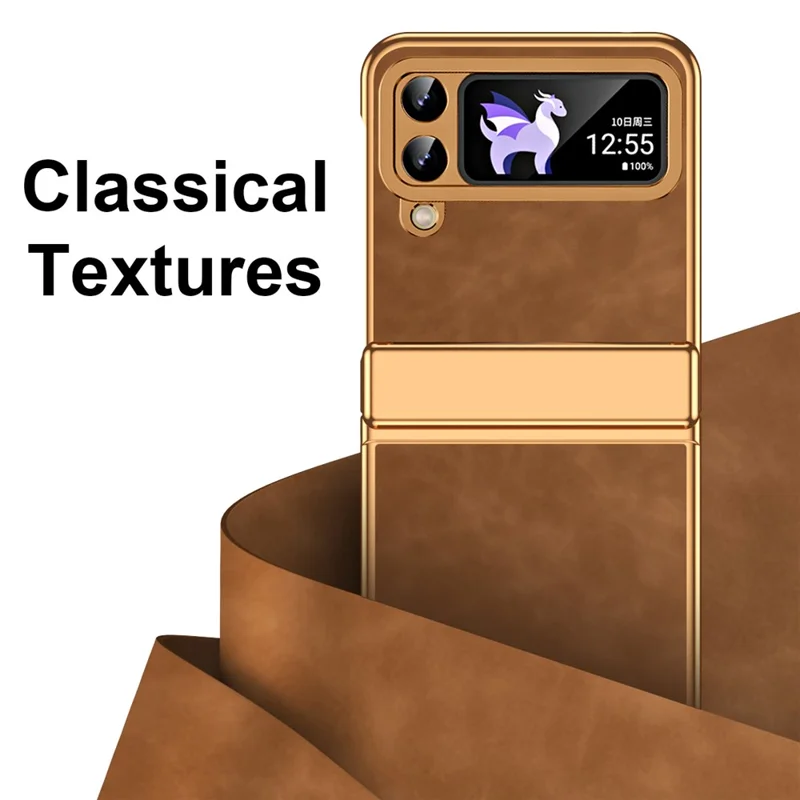 For Samsung Galaxy Z Flip3 5G Case Hinge Protection Leather Coated PC Folding Phone Cover - Brown