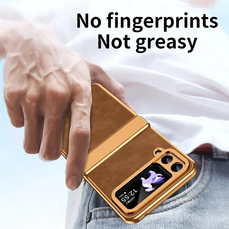 For Samsung Galaxy Z Flip3 5G Case Hinge Protection Leather Coated PC Folding Phone Cover - Brown