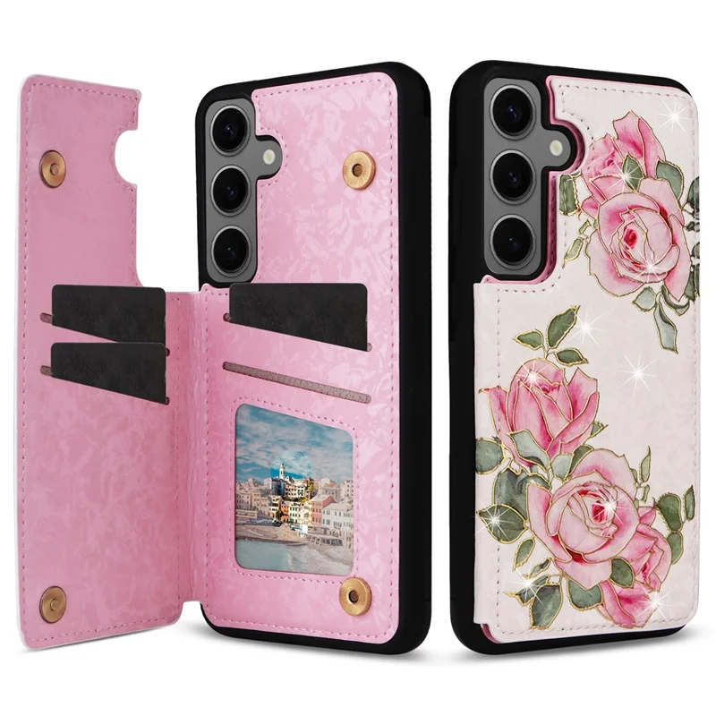 Para Samsung Galaxy S24+ Case Compartimento para Cartões com Suporte Capa Traseira de Couro PU com Padrão Floral - Flor de Rosa