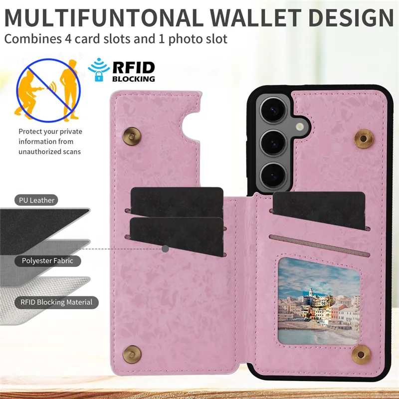 Para Samsung Galaxy S24+ Case Compartimento para Cartões com Suporte Capa Traseira de Couro PU com Padrão Floral - Flor de Rosa