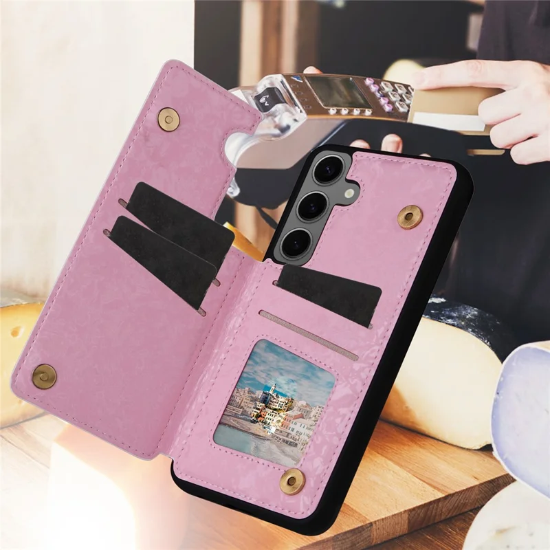 Para Samsung Galaxy S24+ Case Compartimento para Cartões com Suporte Capa Traseira de Couro PU com Padrão Floral - Flor de Rosa