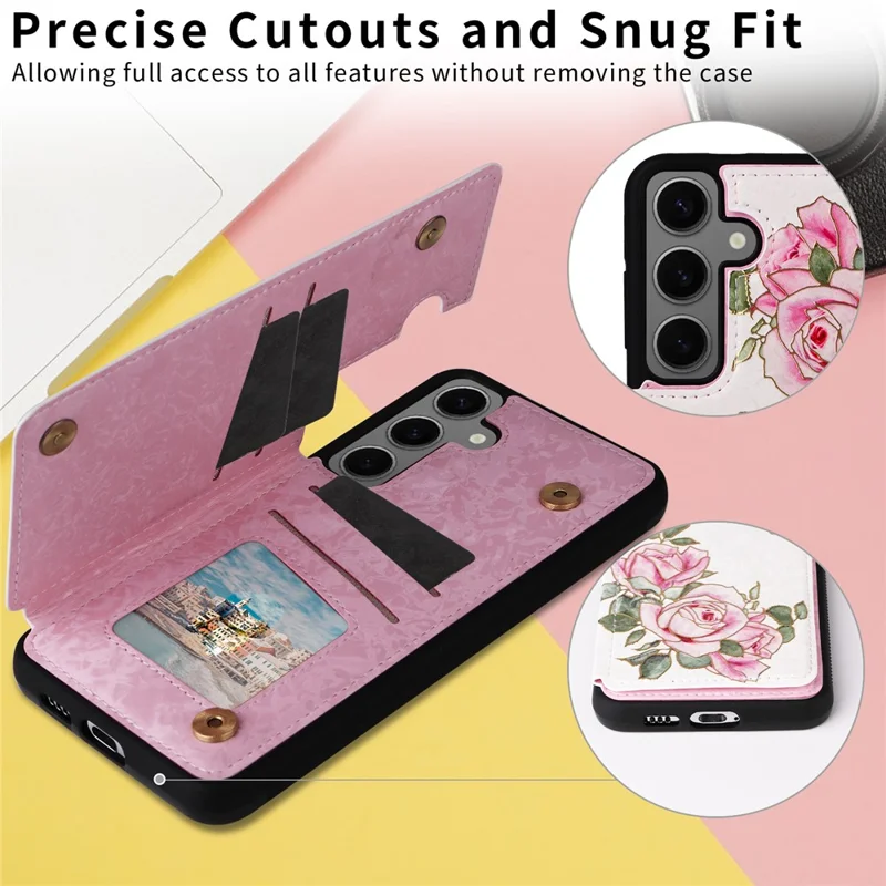 Para Samsung Galaxy S24+ Case Compartimento para Cartões com Suporte Capa Traseira de Couro PU com Padrão Floral - Flor de Rosa