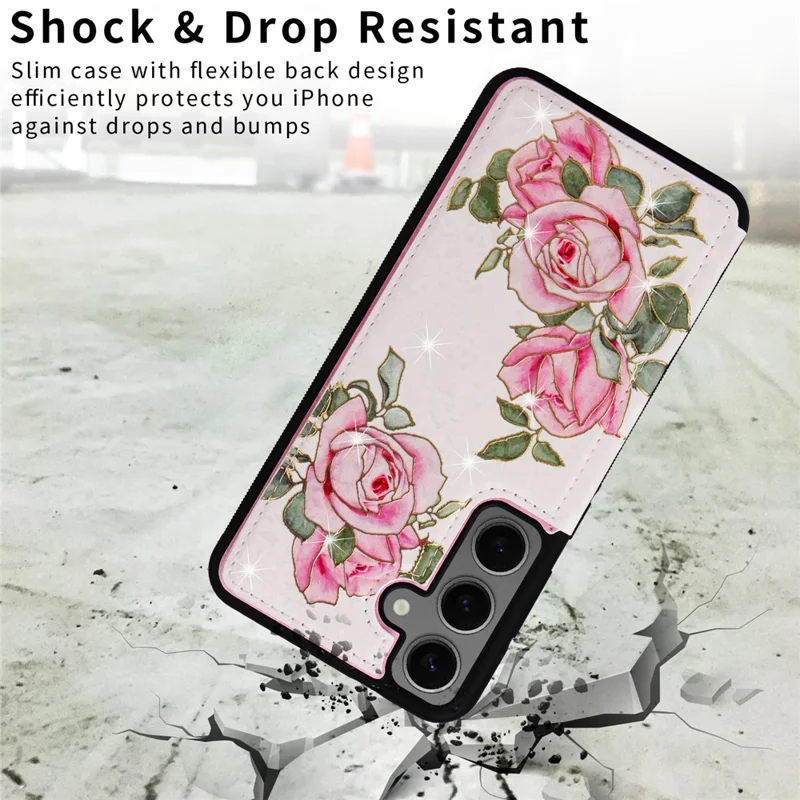 Para Samsung Galaxy S24+ Case Compartimento para Cartões com Suporte Capa Traseira de Couro PU com Padrão Floral - Flor de Rosa