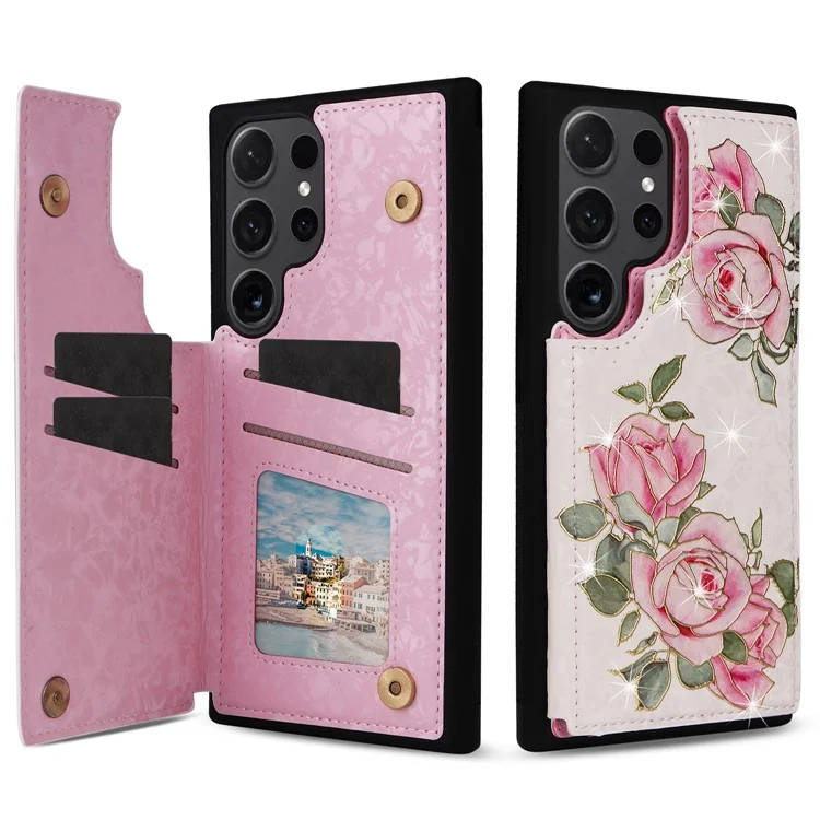 For Samsung Galaxy S24 Ultra Case PU Leather+TPU Flower Pattern Phone Cover with Dual Magnetic Clasp - Rose Flower