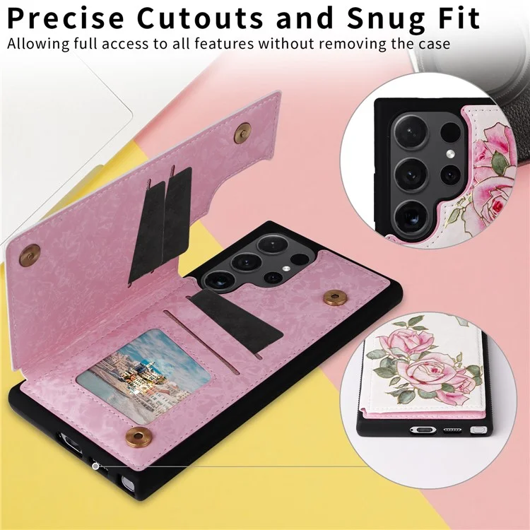 For Samsung Galaxy S24 Ultra Case PU Leather+TPU Flower Pattern Phone Cover with Dual Magnetic Clasp - Rose Flower