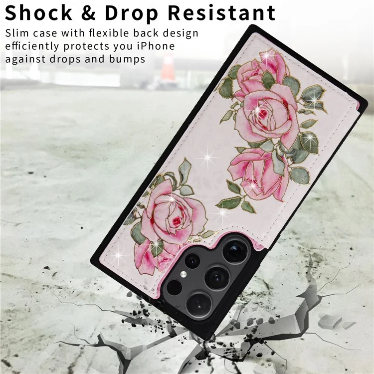 For Samsung Galaxy S24 Ultra Case PU Leather+TPU Flower Pattern Phone Cover with Dual Magnetic Clasp - Rose Flower