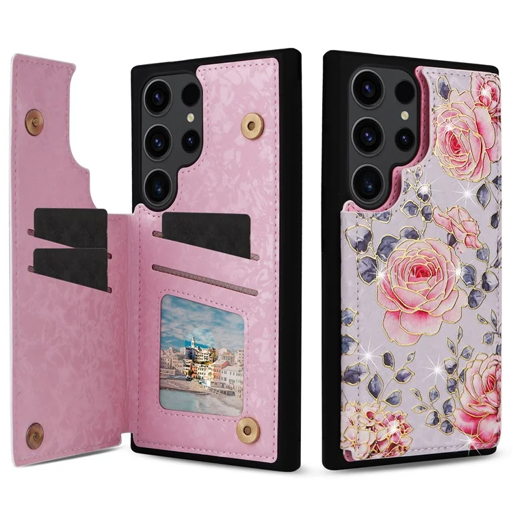 For Samsung Galaxy S23 Ultra Case Kickstand PU Leather+TPU Floral Phone Cover - Rose