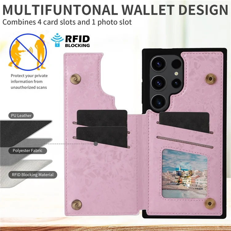 For Samsung Galaxy S23 Ultra Case Kickstand PU Leather+TPU Floral Phone Cover - Rose