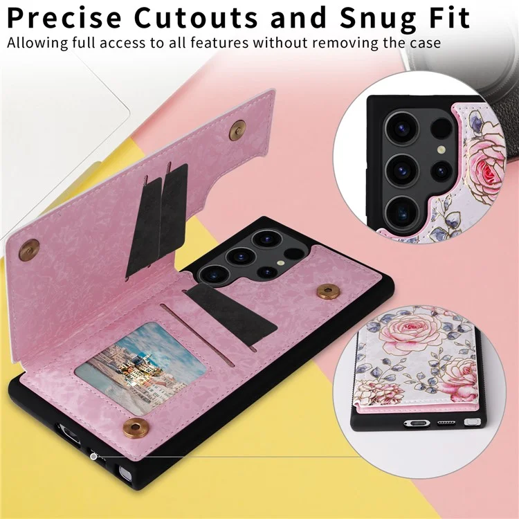 For Samsung Galaxy S23 Ultra Case Kickstand PU Leather+TPU Floral Phone Cover - Rose