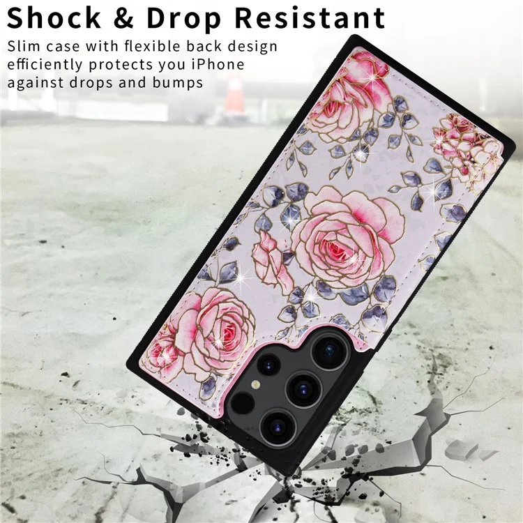 For Samsung Galaxy S23 Ultra Case Kickstand PU Leather+TPU Floral Phone Cover - Rose