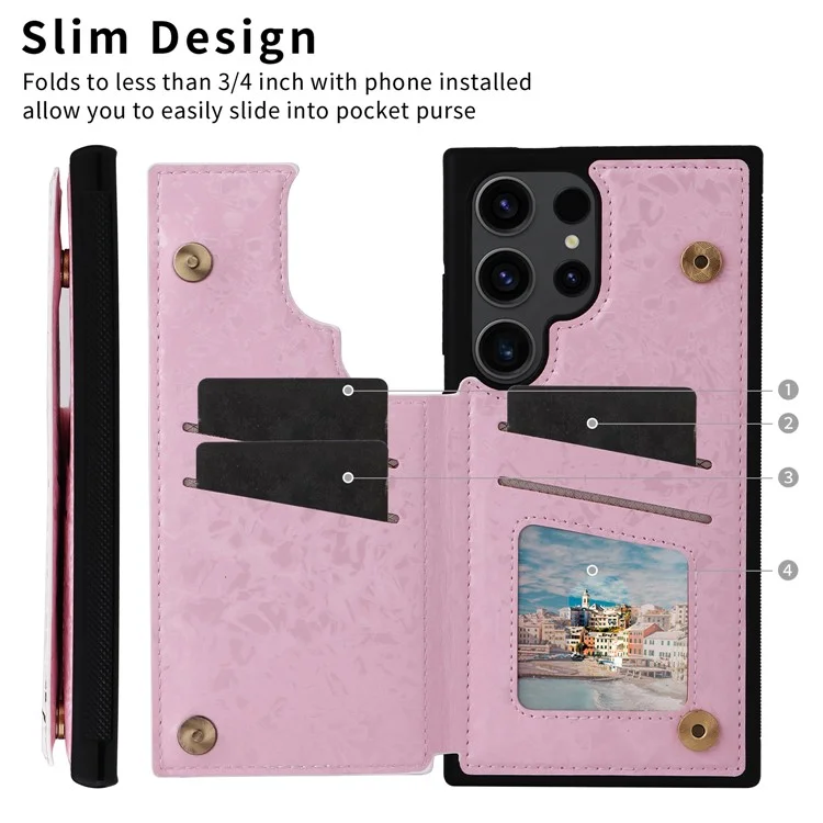 For Samsung Galaxy S23 Ultra Case Kickstand PU Leather+TPU Floral Phone Cover - Rose