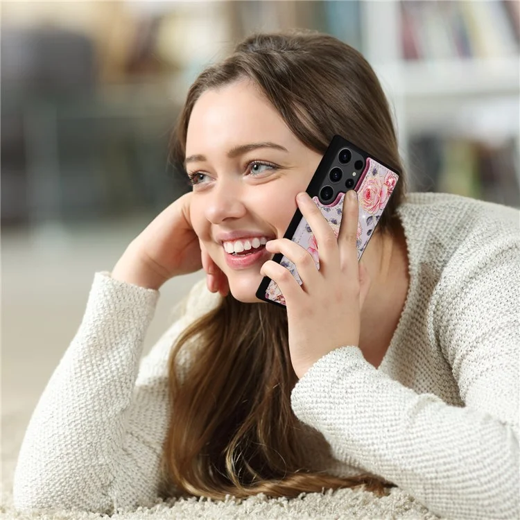 For Samsung Galaxy S23 Ultra Case Kickstand PU Leather+TPU Floral Phone Cover - Rose