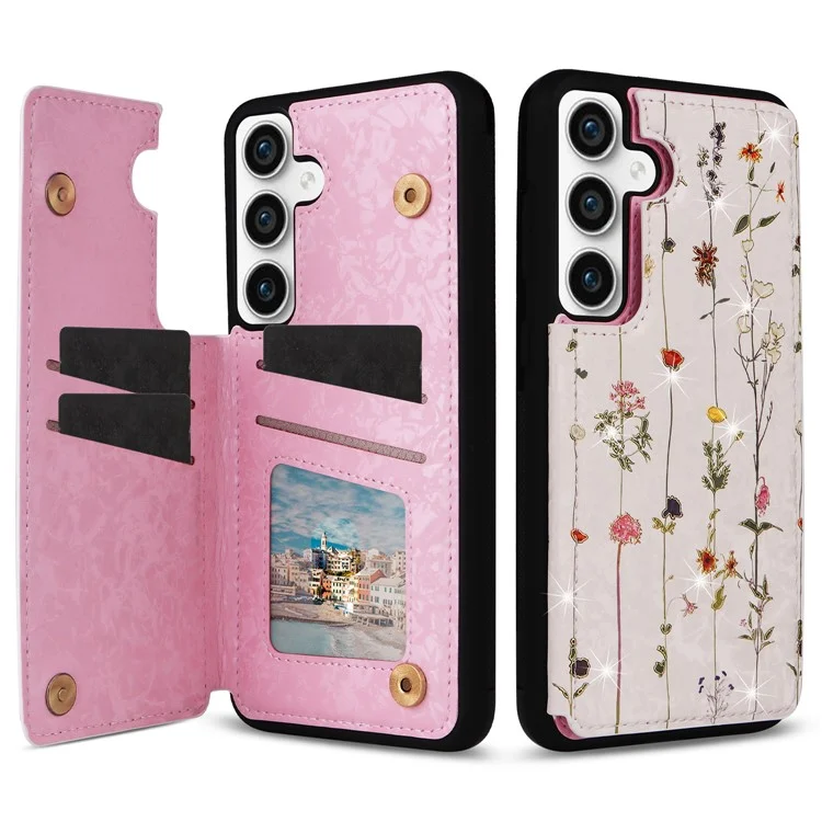 Para Samsung Galaxy S23 FE Case Flower Leather Coated TPU Phone Cover com RFID Blocking Wallet - Dried Flower