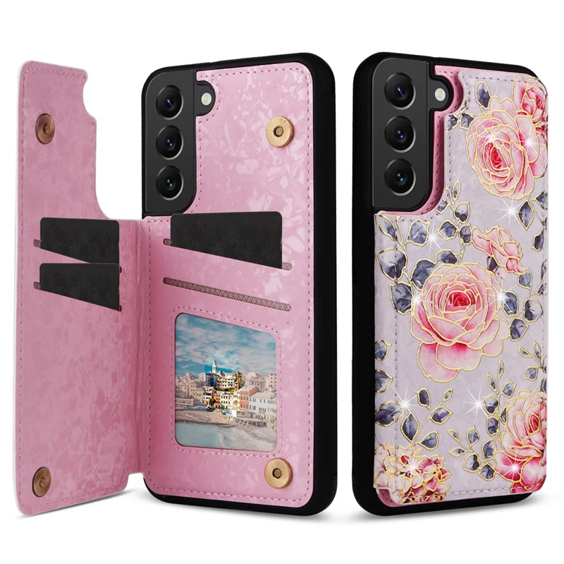 For Samsung Galaxy S22+ 5G Phone Case Card Slots Kickstand Flower PU Leather+TPU Phone Cover - Rose