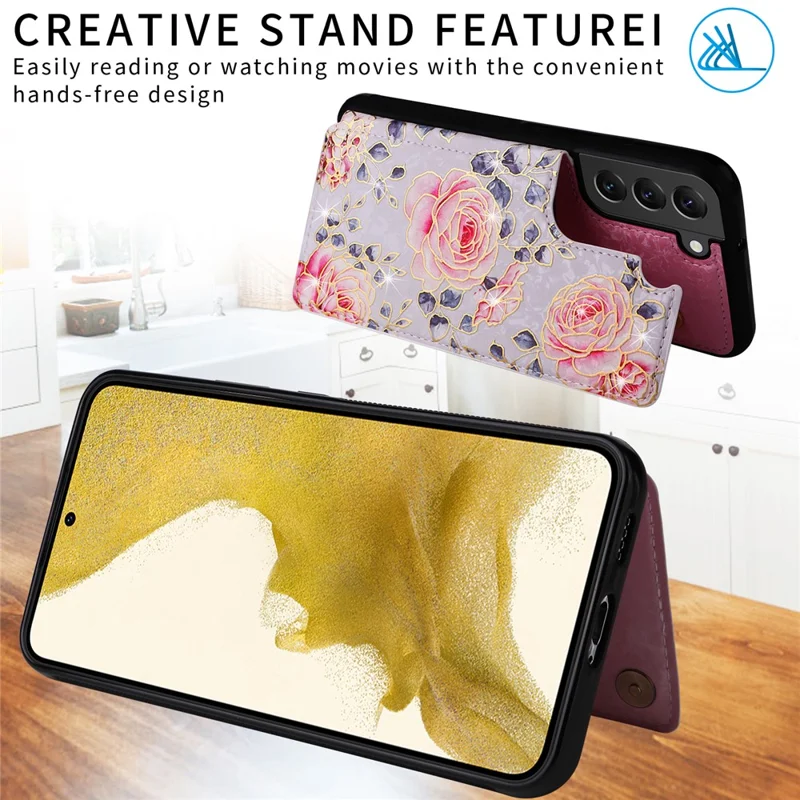 For Samsung Galaxy S22+ 5G Phone Case Card Slots Kickstand Flower PU Leather+TPU Phone Cover - Rose