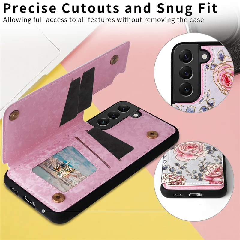 For Samsung Galaxy S22+ 5G Phone Case Card Slots Kickstand Flower PU Leather+TPU Phone Cover - Rose