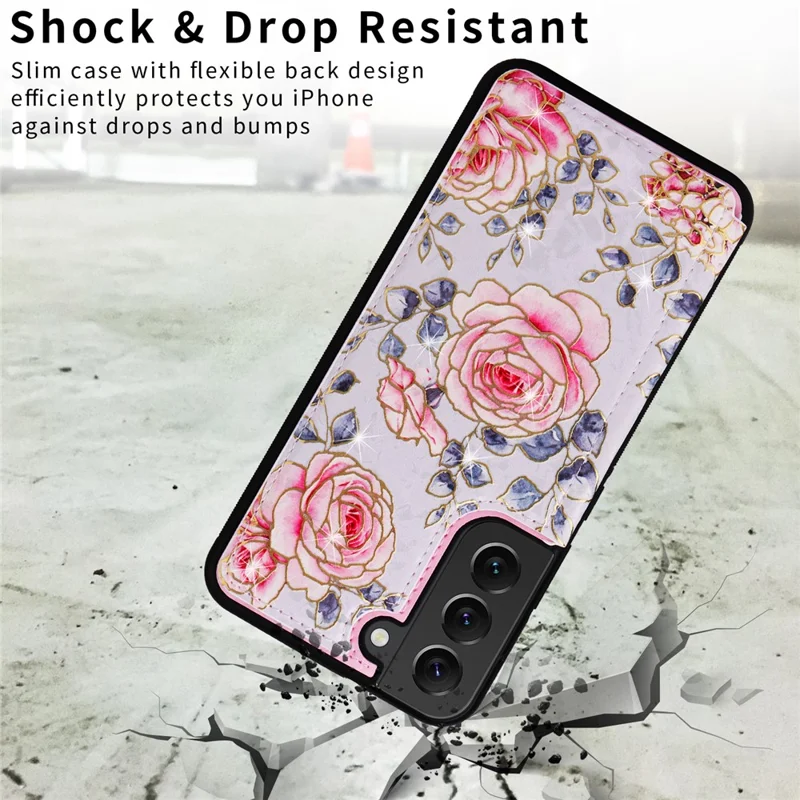 For Samsung Galaxy S22+ 5G Phone Case Card Slots Kickstand Flower PU Leather+TPU Phone Cover - Rose