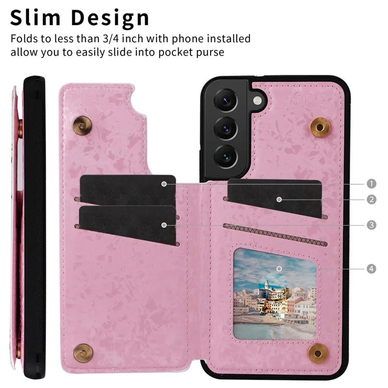 For Samsung Galaxy S22+ 5G Phone Case Card Slots Kickstand Flower PU Leather+TPU Phone Cover - Rose