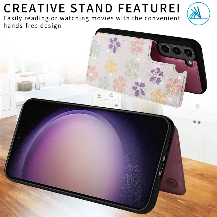 Für Samsung Galaxy S23 Case Pattern Printing Kickstand Card Slots Phone Back Shell - Blumen