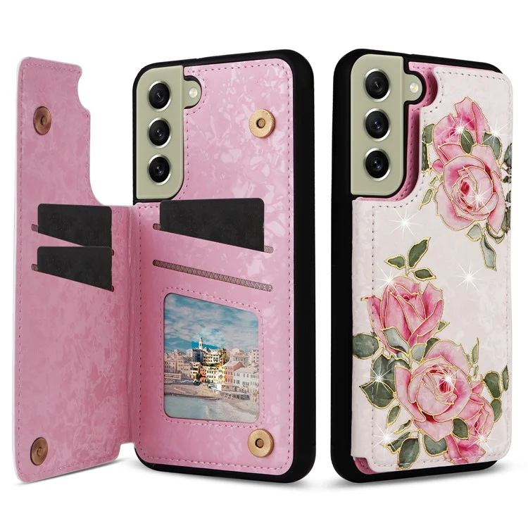 Phone Cover for Samsung Galaxy S21 FE 5G Kickstand Flower PU Leather Coated TPU Phone Case - Rose Flower