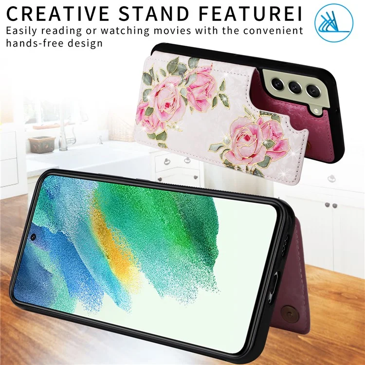 Phone Cover for Samsung Galaxy S21 FE 5G Kickstand Flower PU Leather Coated TPU Phone Case - Rose Flower
