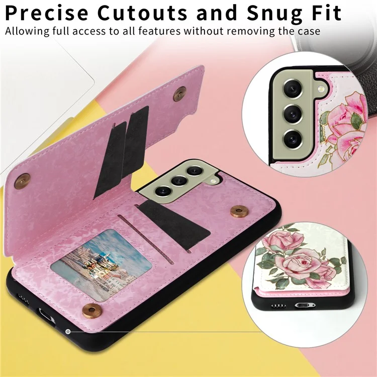 Phone Cover for Samsung Galaxy S21 FE 5G Kickstand Flower PU Leather Coated TPU Phone Case - Rose Flower