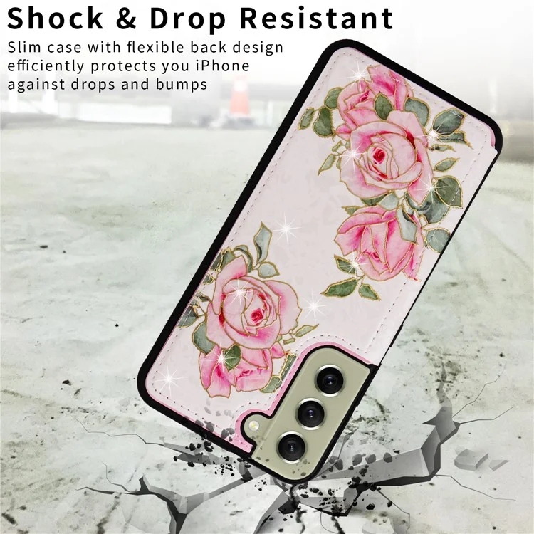 Phone Cover for Samsung Galaxy S21 FE 5G Kickstand Flower PU Leather Coated TPU Phone Case - Rose Flower