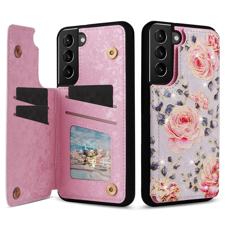 Для Samsung Galaxy S21+ 5G Kickstand Case Pattern Printing Card Slots Phone Back Shell - Rose
