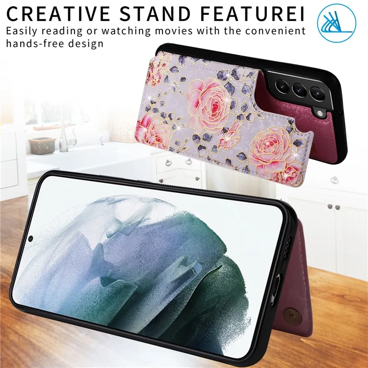Для Samsung Galaxy S21+ 5G Kickstand Case Pattern Printing Card Slots Phone Back Shell - Rose