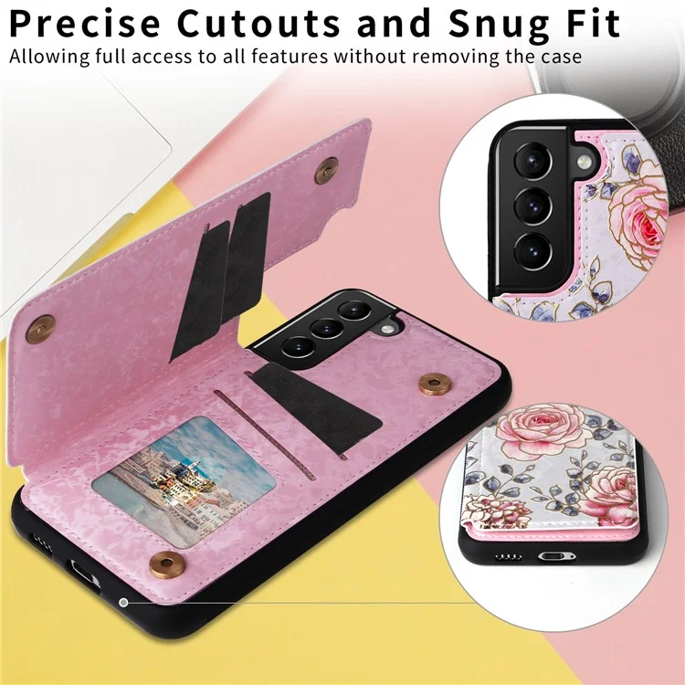 Для Samsung Galaxy S21+ 5G Kickstand Case Pattern Printing Card Slots Phone Back Shell - Rose