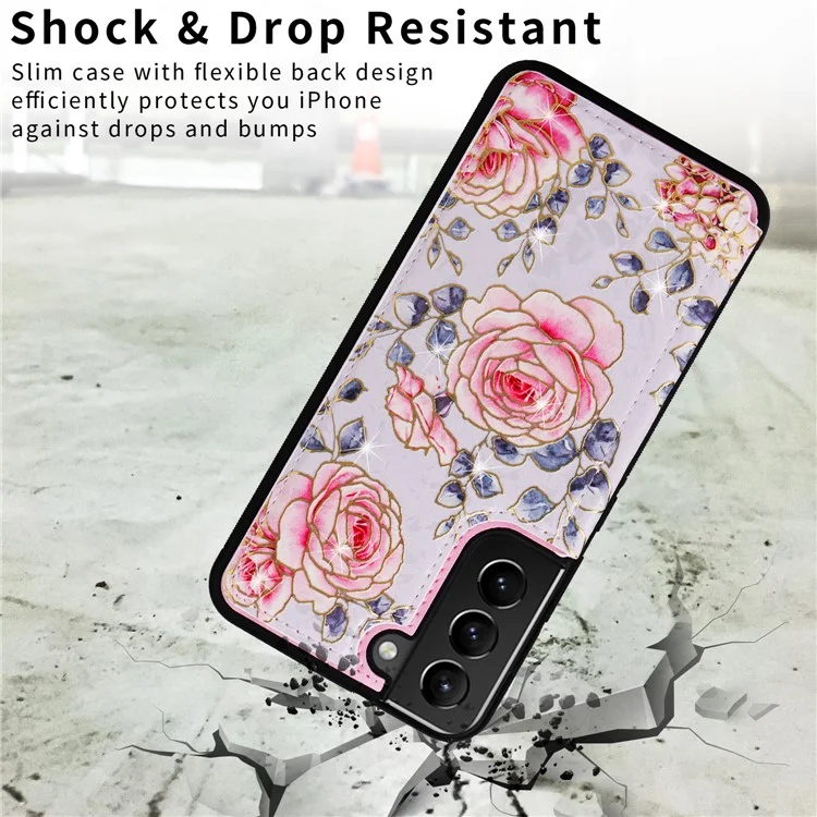 Для Samsung Galaxy S21+ 5G Kickstand Case Pattern Printing Card Slots Phone Back Shell - Rose
