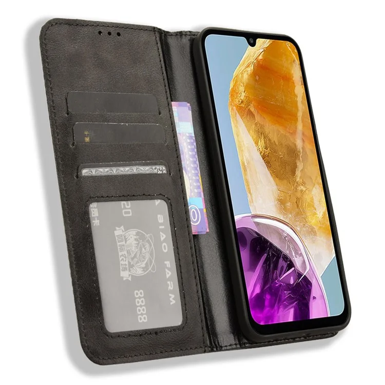 Per Samsung Galaxy F15 5G / M15 5G Custodia Vintage in Pelle PU Folio Cover per telefono con vani per contanti/carte - Nero