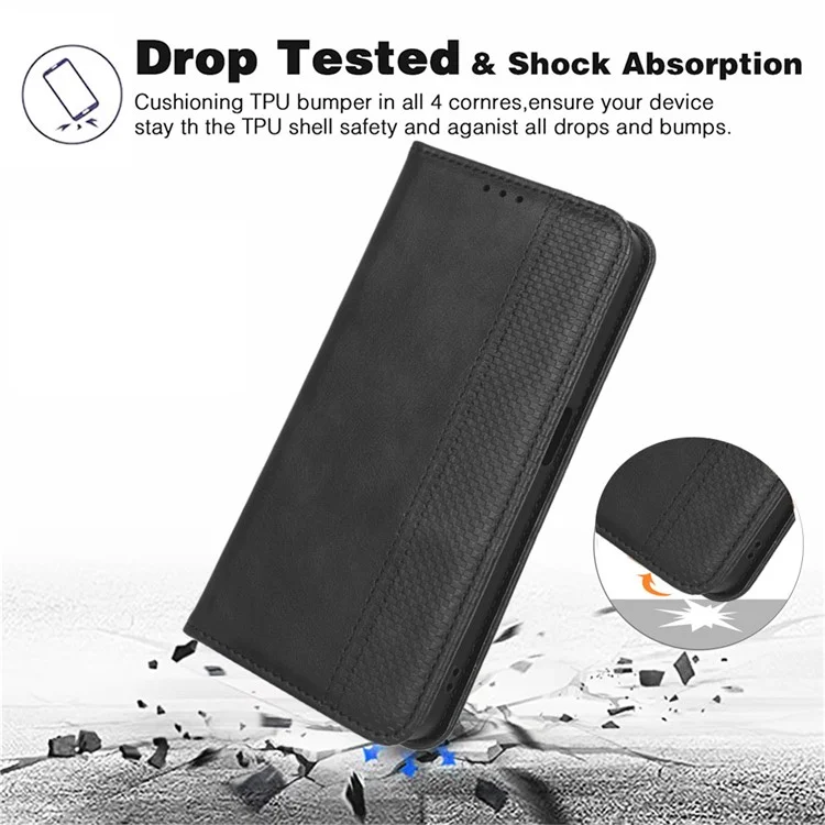 Per Samsung Galaxy F15 5G / M15 5G Custodia Vintage in Pelle PU Folio Cover per telefono con vani per contanti/carte - Nero