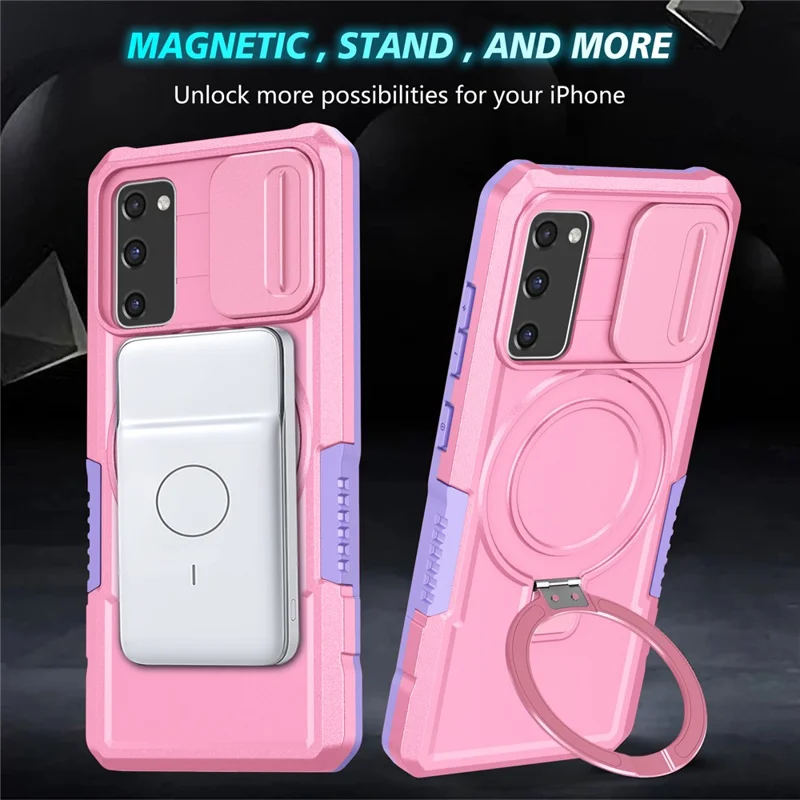 For Samsung Galaxy S20 FE 4G / FE 5G / S20 Lite / S20 FE 2022 Magnetic Case PC+TPU Phone Shell with Slide Camera Lid - Purple  /  Pink