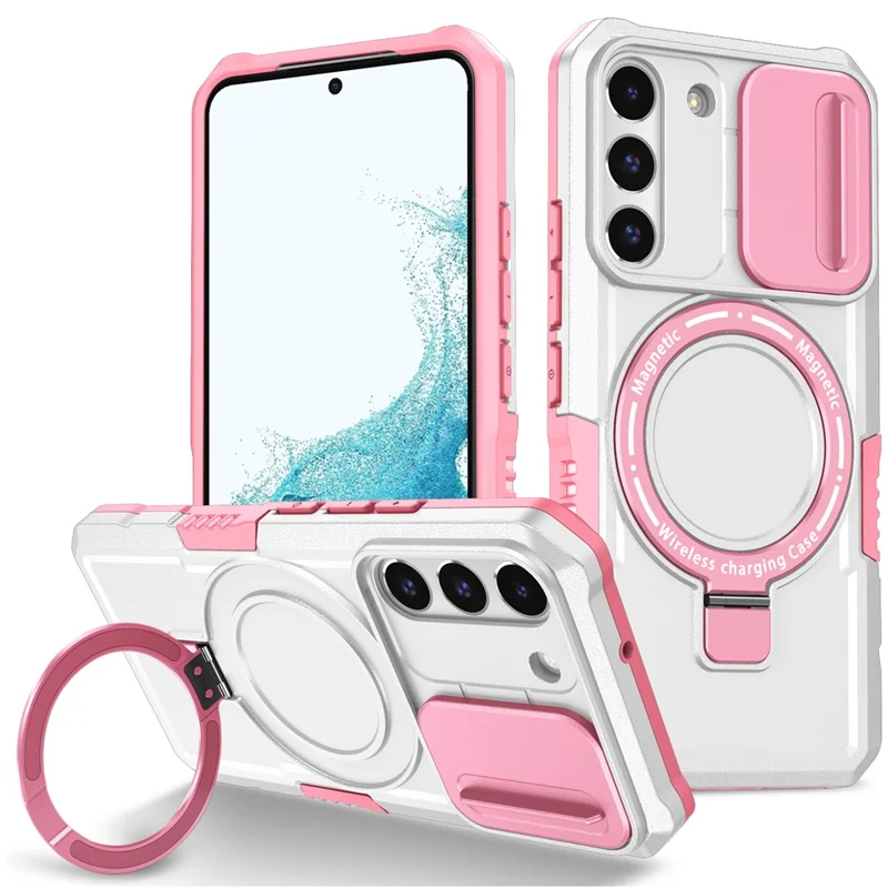 For Samsung Galaxy S22 5G Case PC+TPU Magnetic Phone Shell with Slide Camera Lid - Pink / White