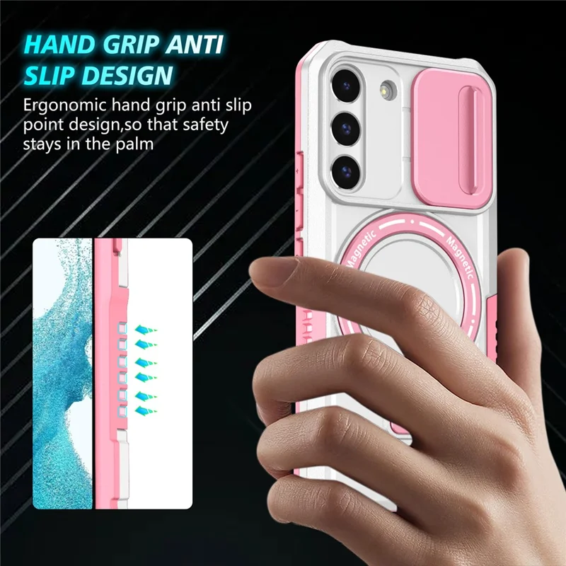For Samsung Galaxy S22 5G Case PC+TPU Magnetic Phone Shell with Slide Camera Lid - Pink / White